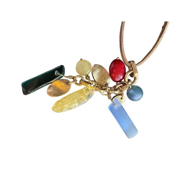 CHICO’S MULTI GEM AND ANTIQUE GOLD PENDANTS ON LONG TAN LEATHER CHAIN NECKLACE - Picture 5 of 8